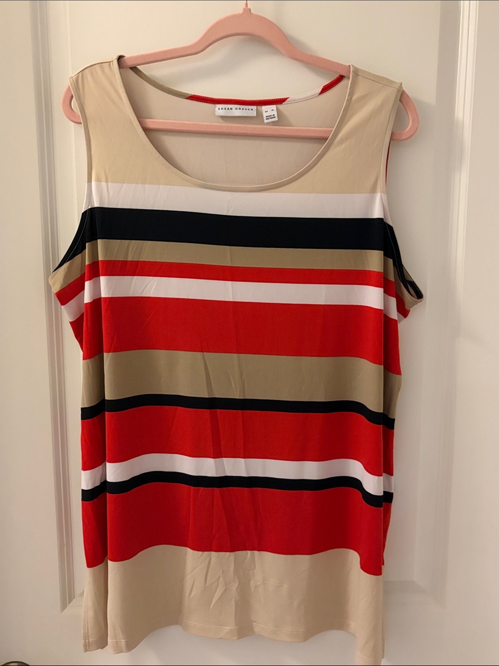 Susan Graver Striped Sleeveless Tank in Red, Black, White, Tan